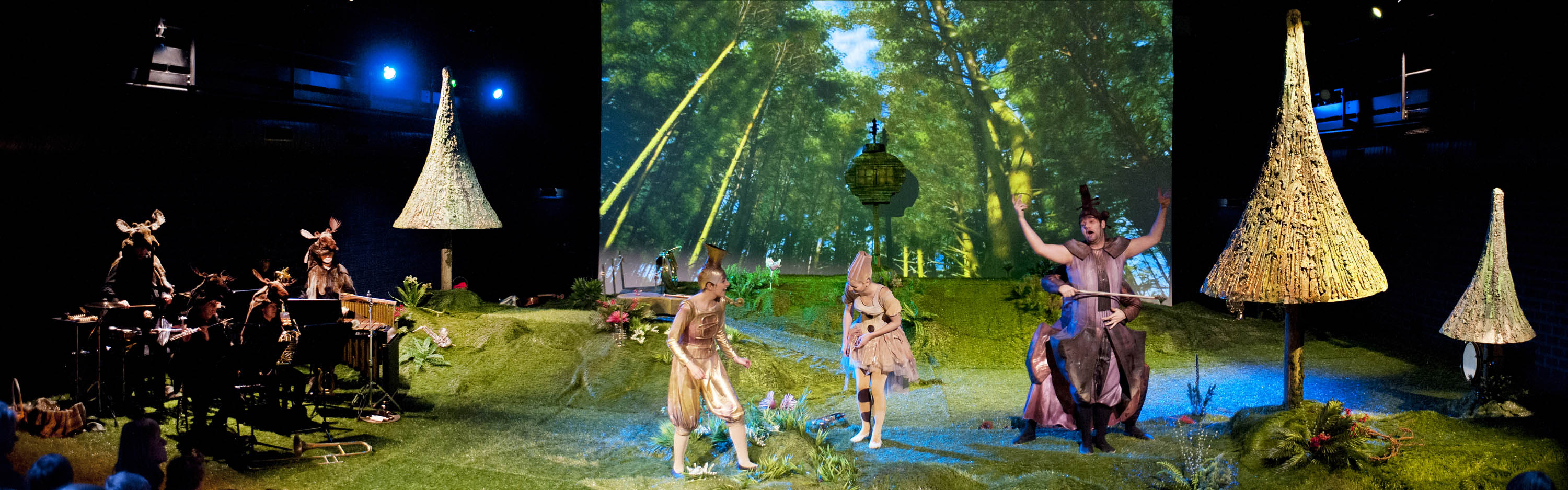 Na dużej polanie, na środku stoją trzy osoby w kostiumach w postaci instrumentów muzycznych: puzonu, fletu i kontrabasu. Po lewej stronie muzycy